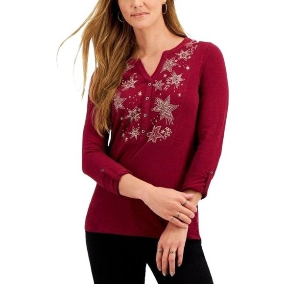 Style & Co Embroidered Roll-Tab Sleeves Top Cherry Pie Embroidery XXL - Picture 1 of 3